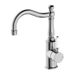 Nero York chrome basin mixer tap with hook spout and white porcelain lever on white background