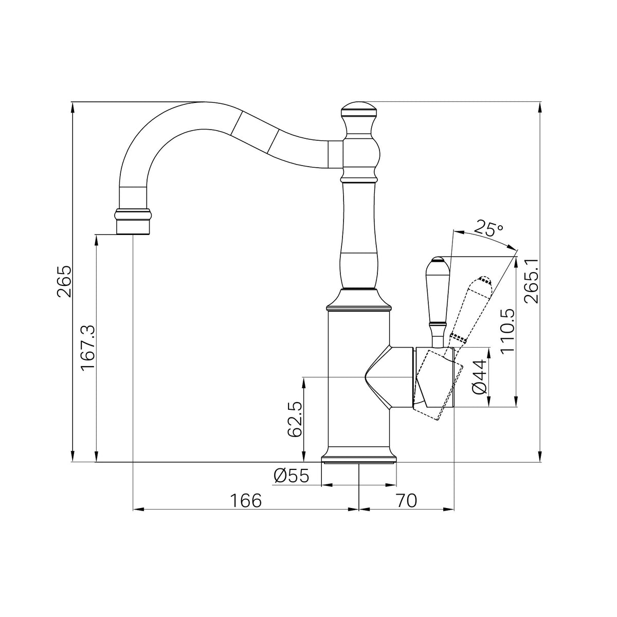 Technical drawing of Nero York basin mixer hook spout with white porcelain lever, matte black, showing dimensions and swivel angle