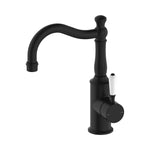 Nero York basin mixer tap in matte black with white porcelain lever and hook spout, isolated on white background