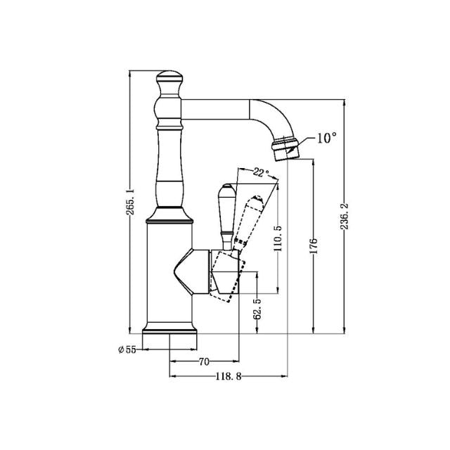 Nero York basin mixer technical drawing in brushed nickel with metal lever, showing dimensions and side profile