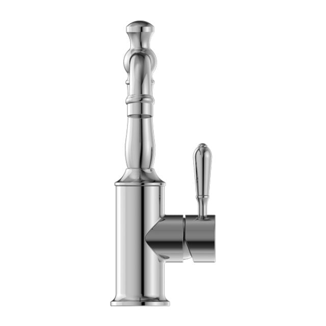 Nero York basin mixer tap with metal lever in chrome, side view, hob mounted, traditional-style bathroom tap￼