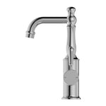 Nero York chrome basin mixer tap with metal lever, front view, hob mounted, on white background