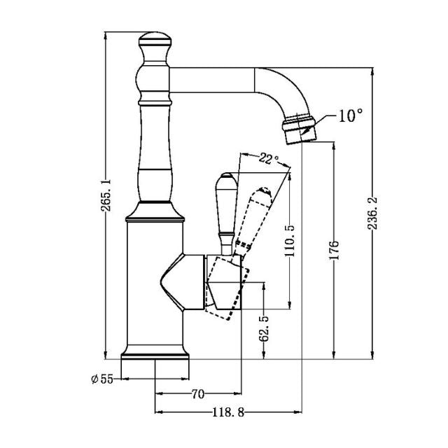 Nero York basin mixer tap technical drawing in chrome, showing dimensions, side view and metal lever handle