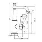 Nero York basin mixer technical drawing with white porcelain lever, aged brass, showing dimensions and side view