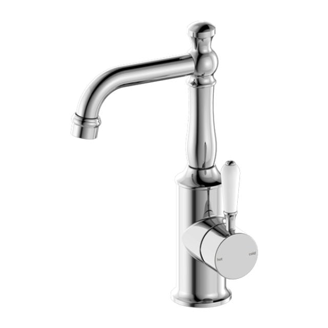 Nero York basin mixer tap in chrome with white porcelain lever, shown on white background