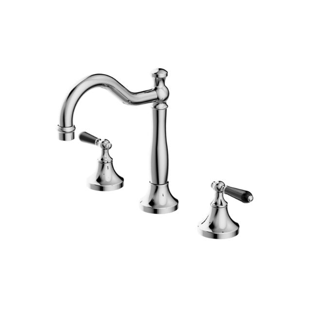Nero York chrome 3-piece basin tap set with black porcelain lever handles, hob mounted on white background