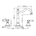 Nero York 3-piece basin set technical drawing in aged brass, with dimensions for separate hot and cold taps and spout.