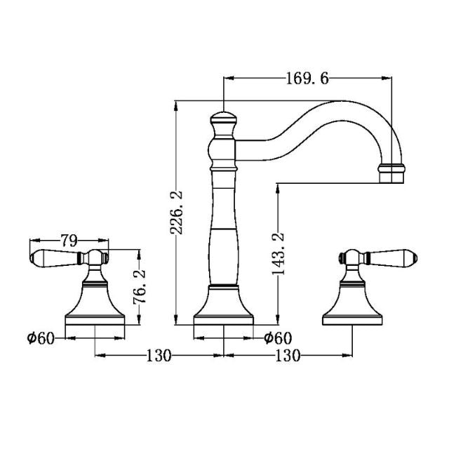 Nero York 3-piece basin set technical drawing in aged brass, with dimensions for separate hot and cold taps and spout.