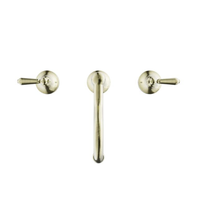 Nero York 3-piece basin tap set in aged brass, with central spout and two metal lever handles on white background