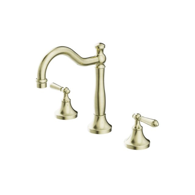 Nero York 3 piece basin tap set in aged brass, with swan neck spout and metal lever handles on white background