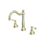 Nero York 3 piece basin tap set in aged brass, with swan neck spout and metal lever handles on white background