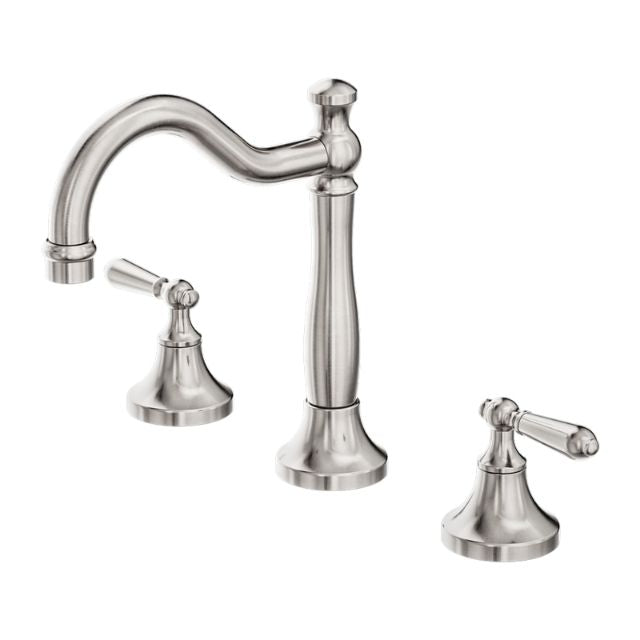 Nero York 3-piece basin set in brushed nickel with metal lever handles and curved spout, shown on white background