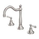 Nero York 3-piece basin set in brushed nickel with metal lever handles and curved spout, shown on white background