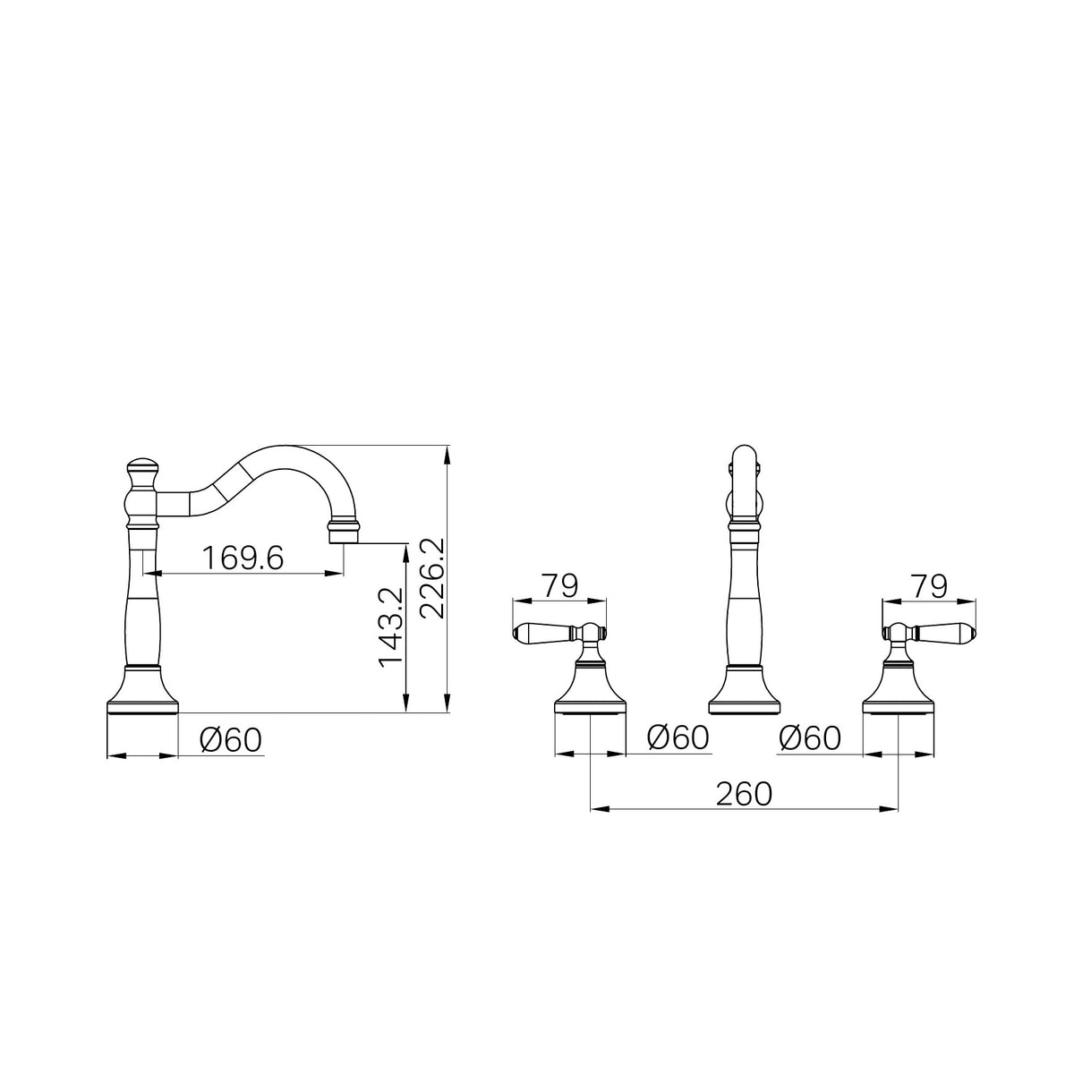 Nero York matte black 3-piece basin tap set technical drawing with dimensions and side views