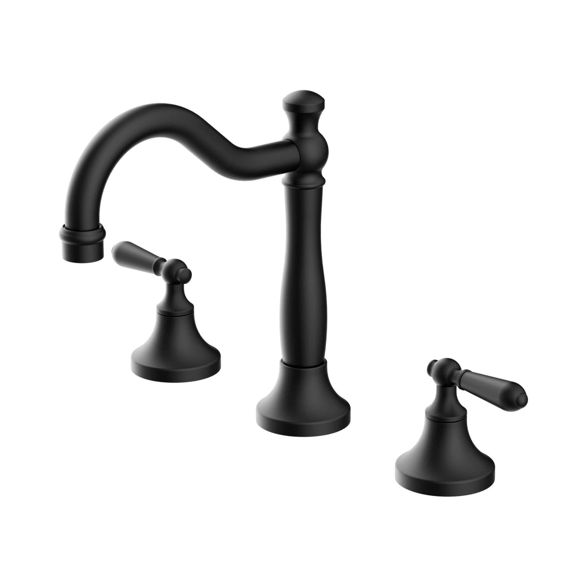 Nero York three-piece basin set in matte black with curved spout and metal lever handles on white background