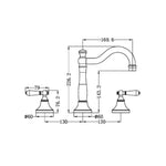 Technical drawing of Nero York 3 piece basin set in brushed nickel with white porcelain lever handles and dimensions shown