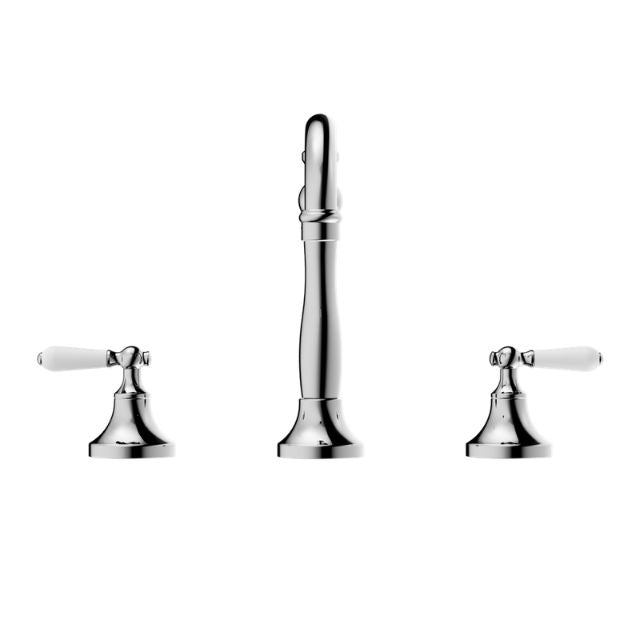 Nero York 3-piece basin tap set in chrome with white porcelain lever handles, front view on white background