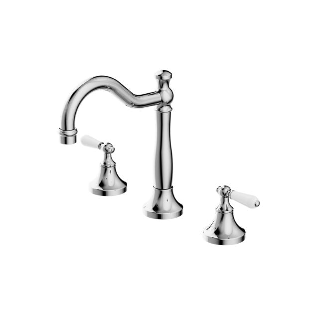 Nero York chrome three-piece basin set with white porcelain lever handles and curved spout, isolated on white