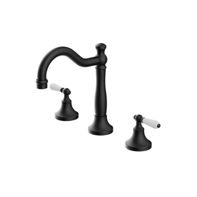 Nero York 3-piece basin tap set in matte black with white porcelain lever handles and curved spout on white background