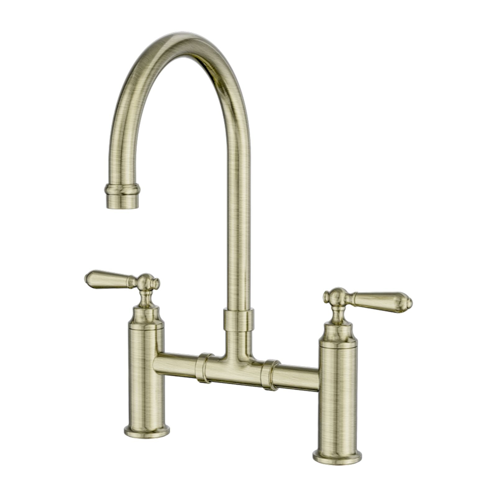 Nero York bridge kitchen tap set in aged brass with tall arched swivel spout and two lever handles, front view