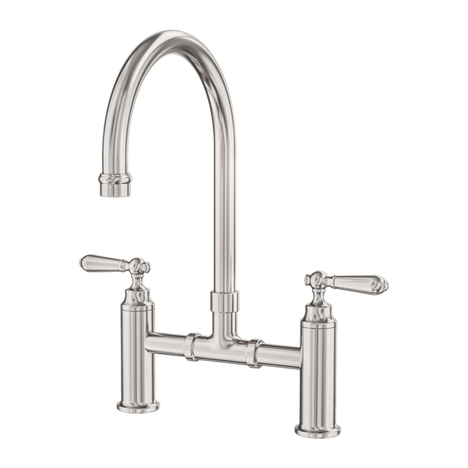 Nero York bridge kitchen tap set in brushed nickel with twin handles and high arched swivel spout, front view on white background