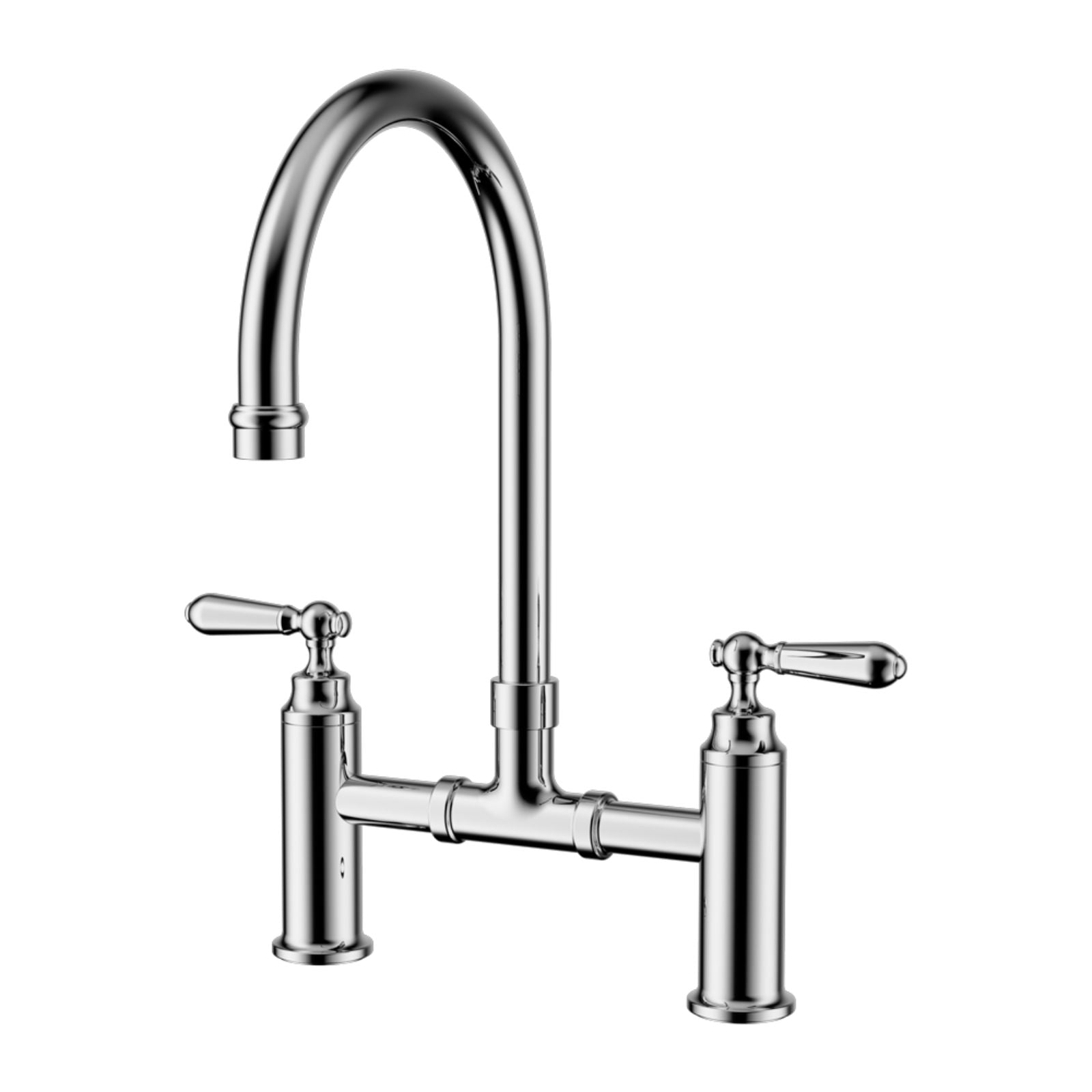 Nero York chrome bridge kitchen tap set with two handles and high arched swivel spout, hob mounted on white background