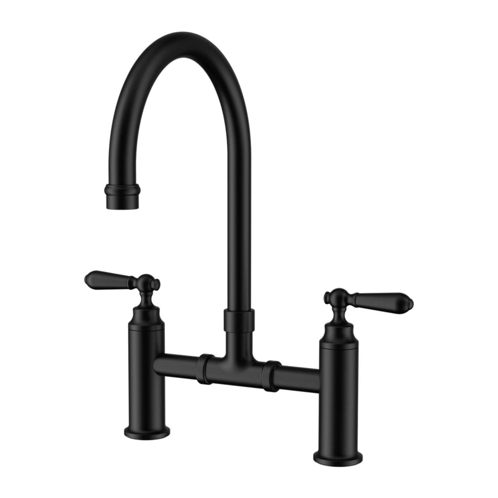 Nero York bridge kitchen set in matte black, with two lever handles and high arched swivel spout on white background