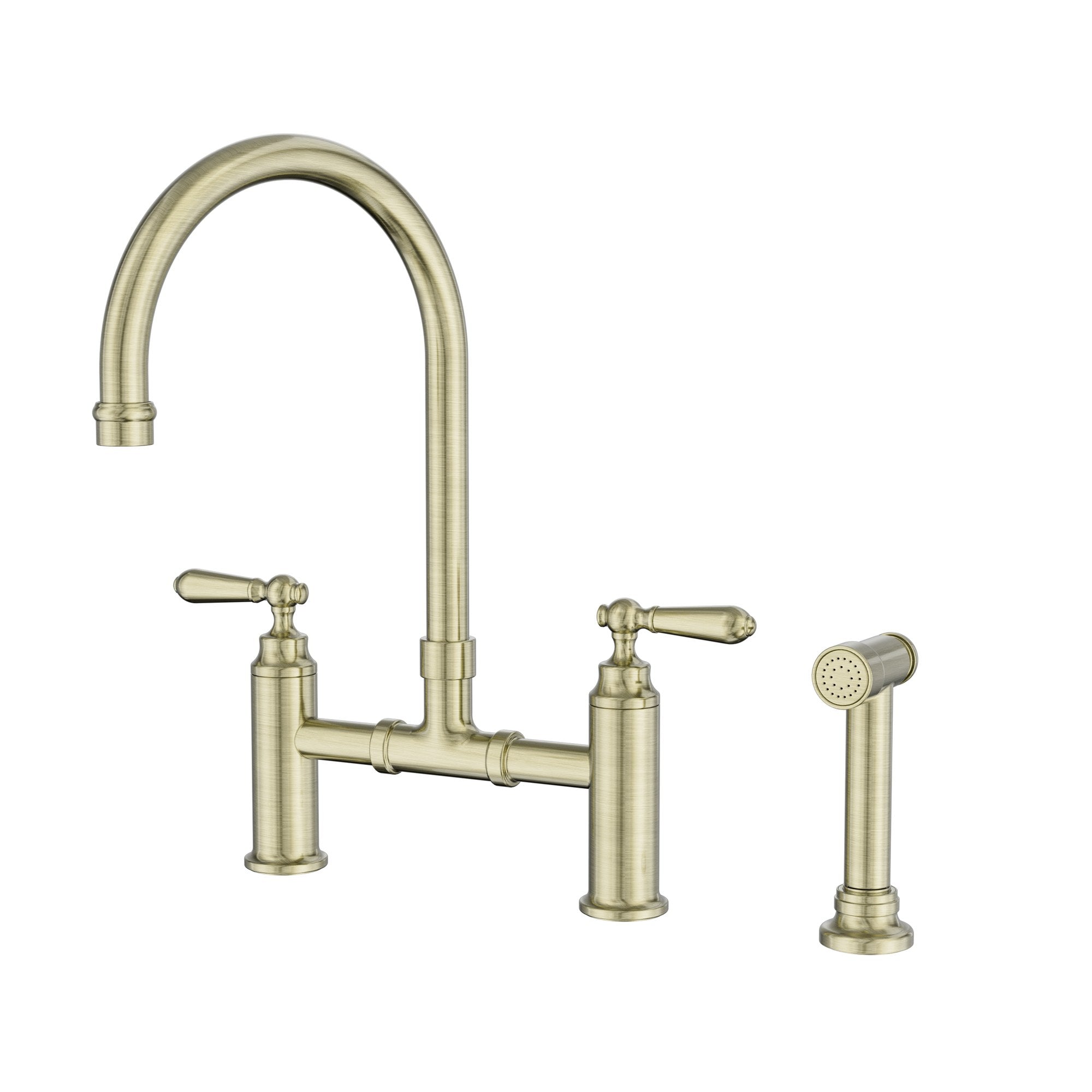Nero York bridge kitchen tap set in aged brass with swivel spout and separate hand spray, front view on white background