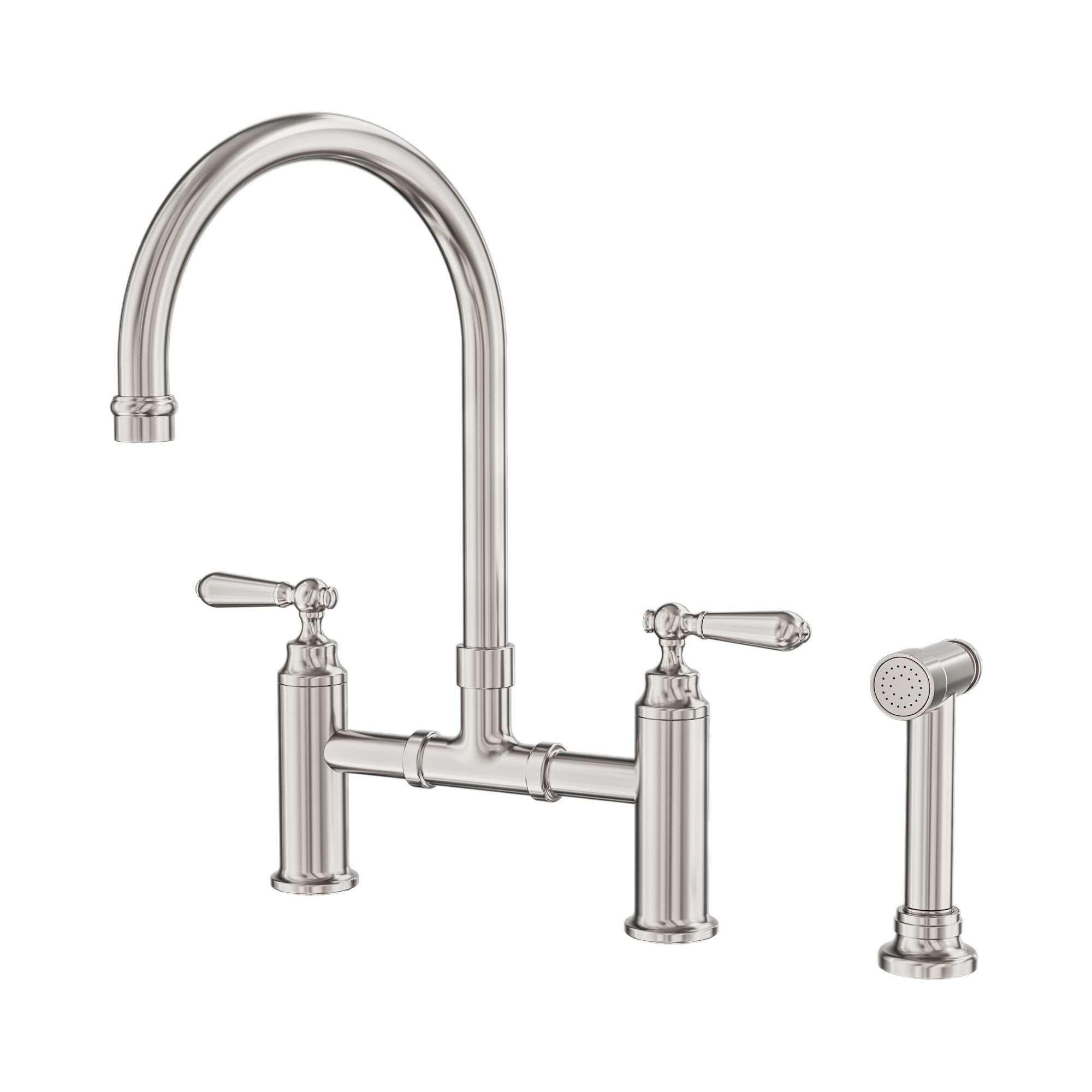 Nero York bridge kitchen tap set in brushed nickel with swivel spout and separate hand spray on white background