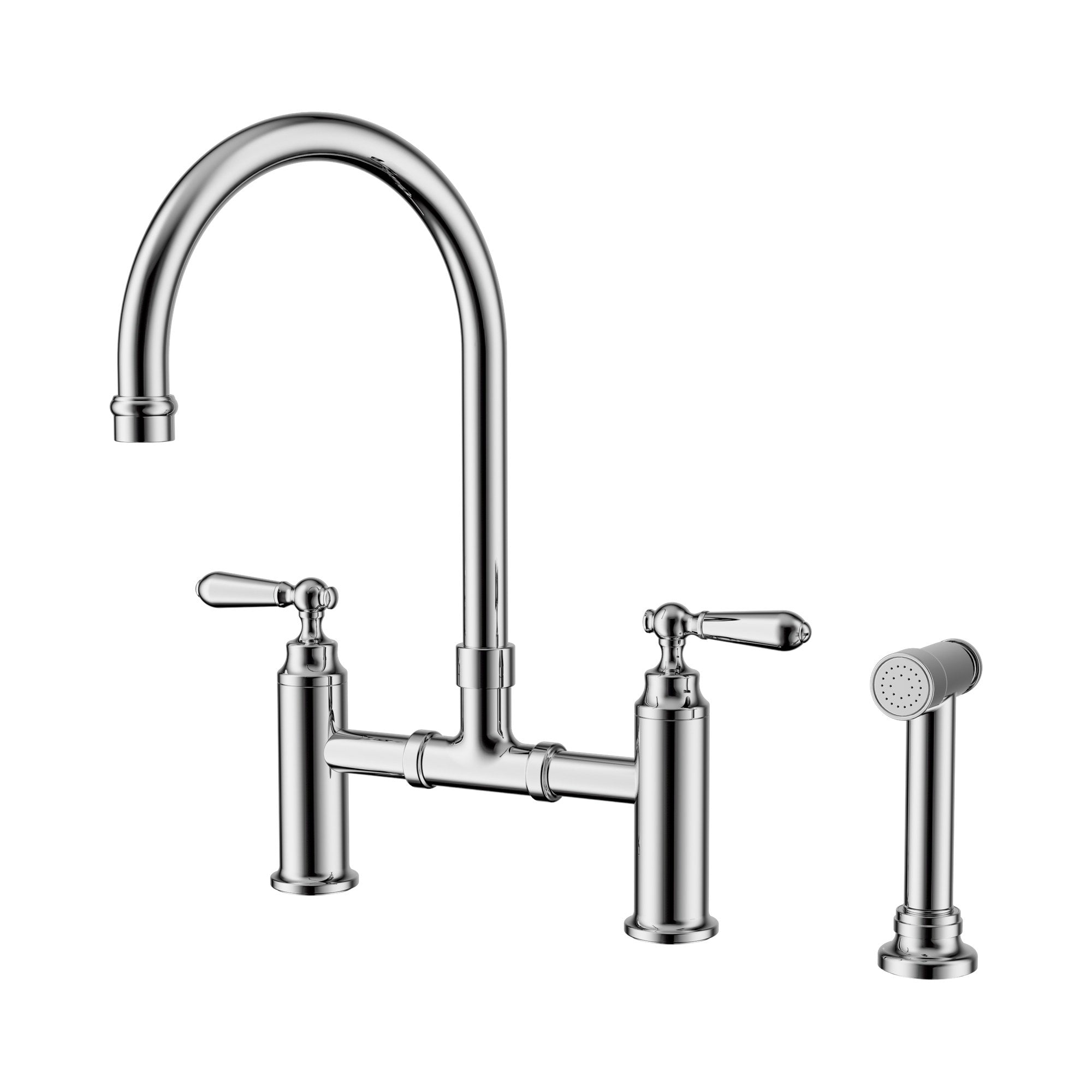 Nero York chrome bridge kitchen tap set with separate hand spray, shown on white background