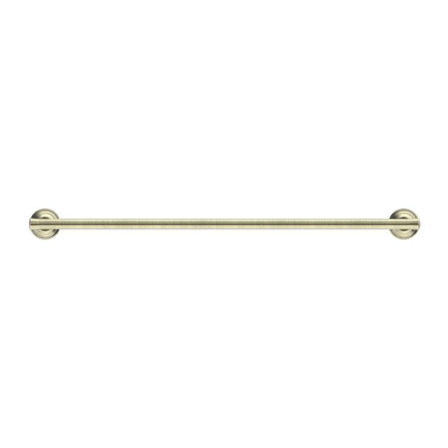 Nero York double towel rail 600mm in aged brass, front view with two round wall mounts