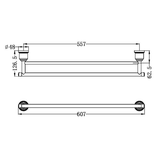 Technical drawing of Nero York double towel rail, aged brass, showing side and front views with 607mm overall length and 557mm fixing distance