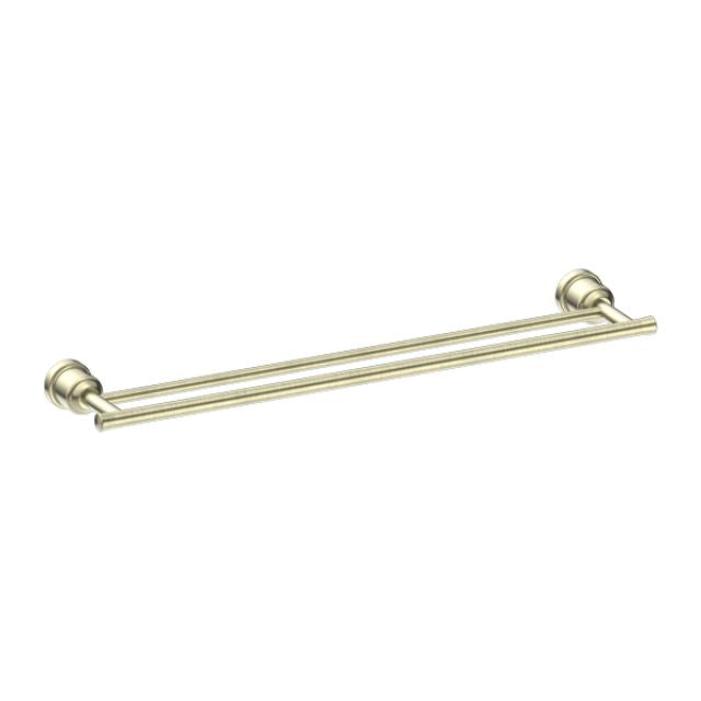 Nero York double towel rail, 600mm, aged brass finish, double-bar bathroom accessory on white background