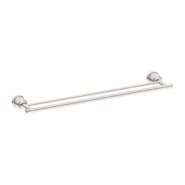 Nero York double towel rail 600mm in brushed nickel, wall-mounted with two slim bars and round fixing plates