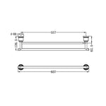 Nero York double towel rail technical drawing, brushed nickel, 607mm overall length with wall fixings shown