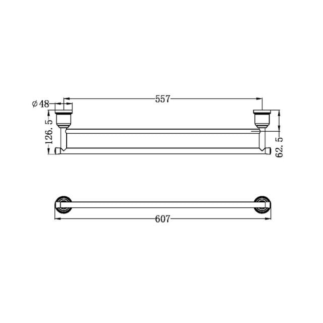 Nero York double towel rail technical drawing, brushed nickel, 607mm overall length with wall fixings shown