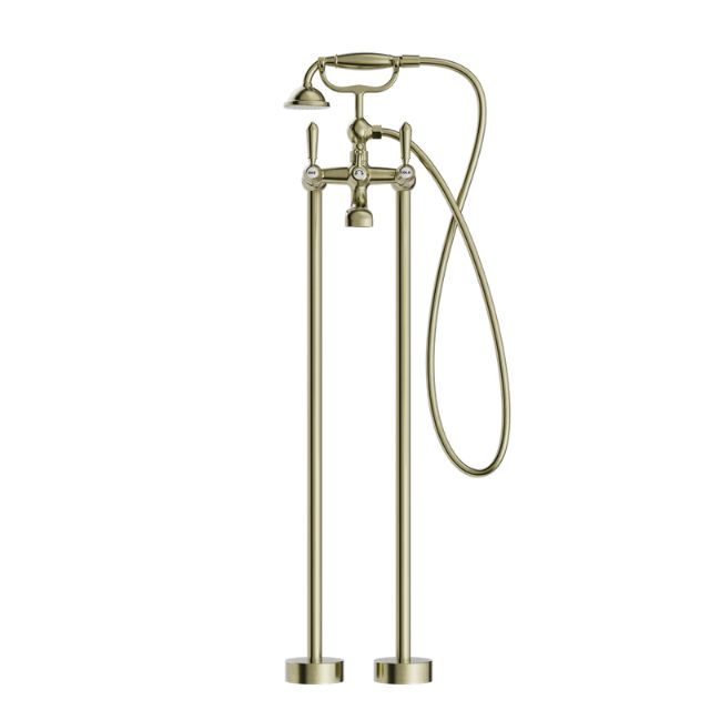 Nero York floor-mounted bath set with hand shower in aged brass, shown front on against a white background