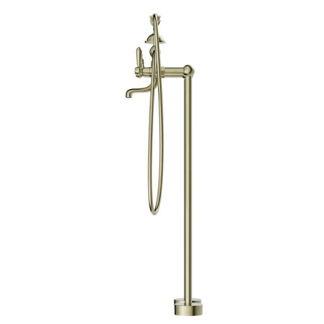 Nero York freestanding bath set with hand shower in aged brass, floor-mounted tap on white background