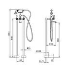 Nero York freestanding bath set technical drawing in aged brass, floor-mounted bath filler with hand shower and dimensions shown
