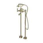 Nero York freestanding bath set with metal hand shower in aged brass, floor-mounted bath filler on white background
