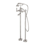 Nero York brushed nickel freestanding bath filler with metal hand shower, floor-mounted tapware on round bases