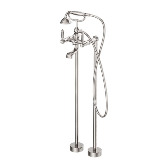 Nero York brushed nickel freestanding bath filler with metal hand shower, floor-mounted tapware on round bases