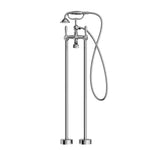 Nero York chrome floor-mounted bath filler with telephone hand shower, freestanding bath tap set from front view
