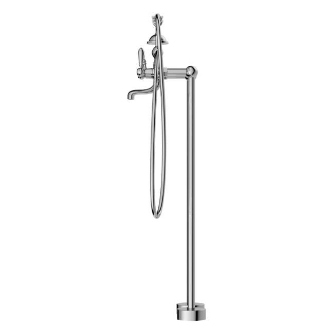 Nero York floor-mounted bath filler set in chrome with hand shower and single lever, side view on white background