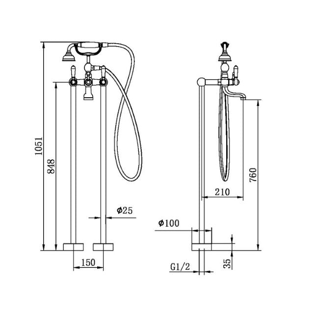 Technical drawing of Nero York floor-mounted bath set with hand shower, showing chrome freestanding bath filler dimensions and height measurements