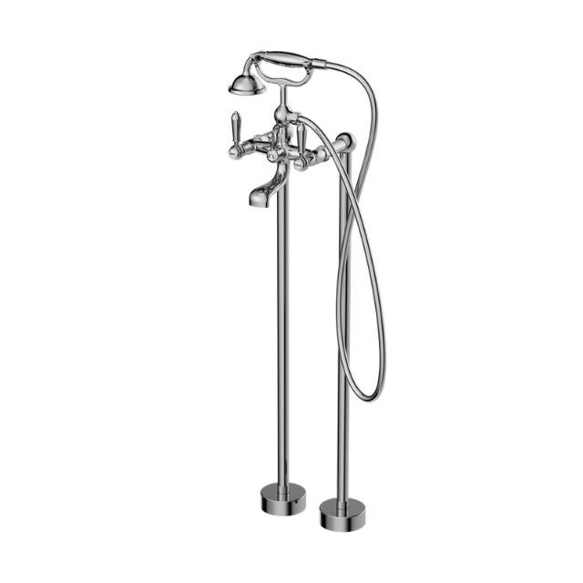 Nero York chrome freestanding bath filler tap with metal hand shower, floor-mounted set with telephone handset