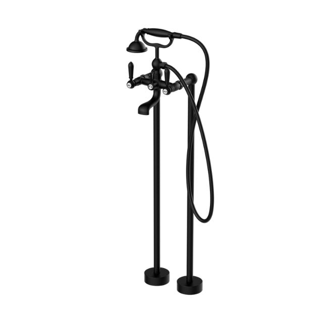 Nero York floor-mounted freestanding bath set with metal hand shower, matte black finish, shown on white background