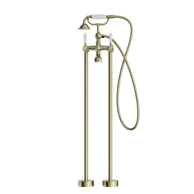 Nero York freestanding bath set in aged brass with white porcelain hand shower and floor-mounted taps