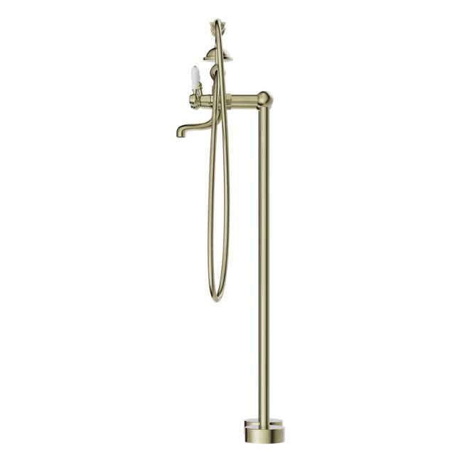 Nero York freestanding bath set in aged brass with white porcelain hand shower, floor-mounted on white background