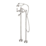 Nero York floor-mounted freestanding bath filler tap in brushed nickel with white porcelain lever and hand shower